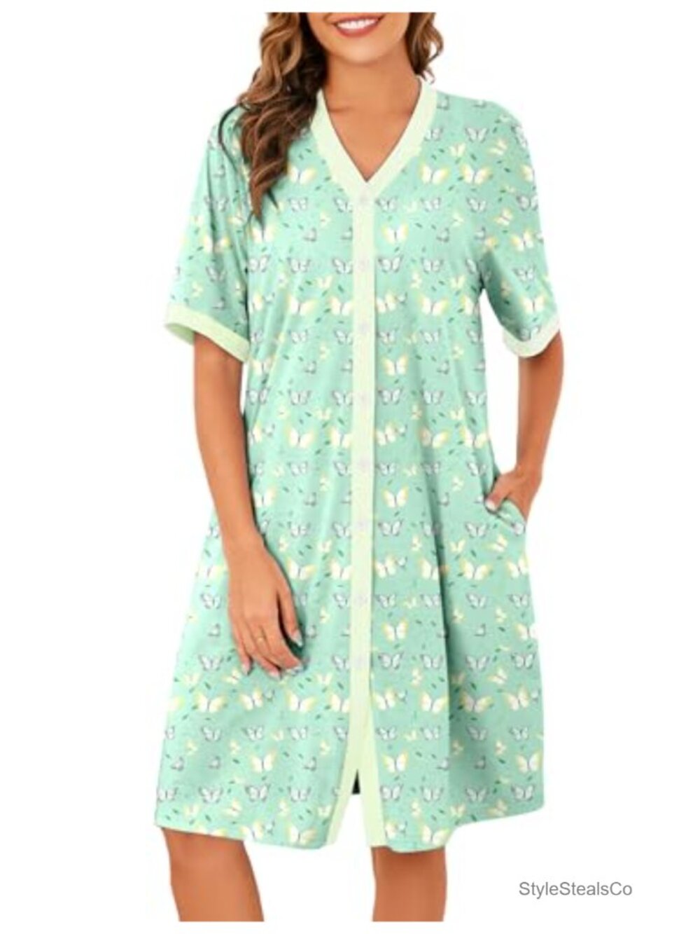Women's Cotton Nightgown Button Down Housecoat Long Dress with Pockets